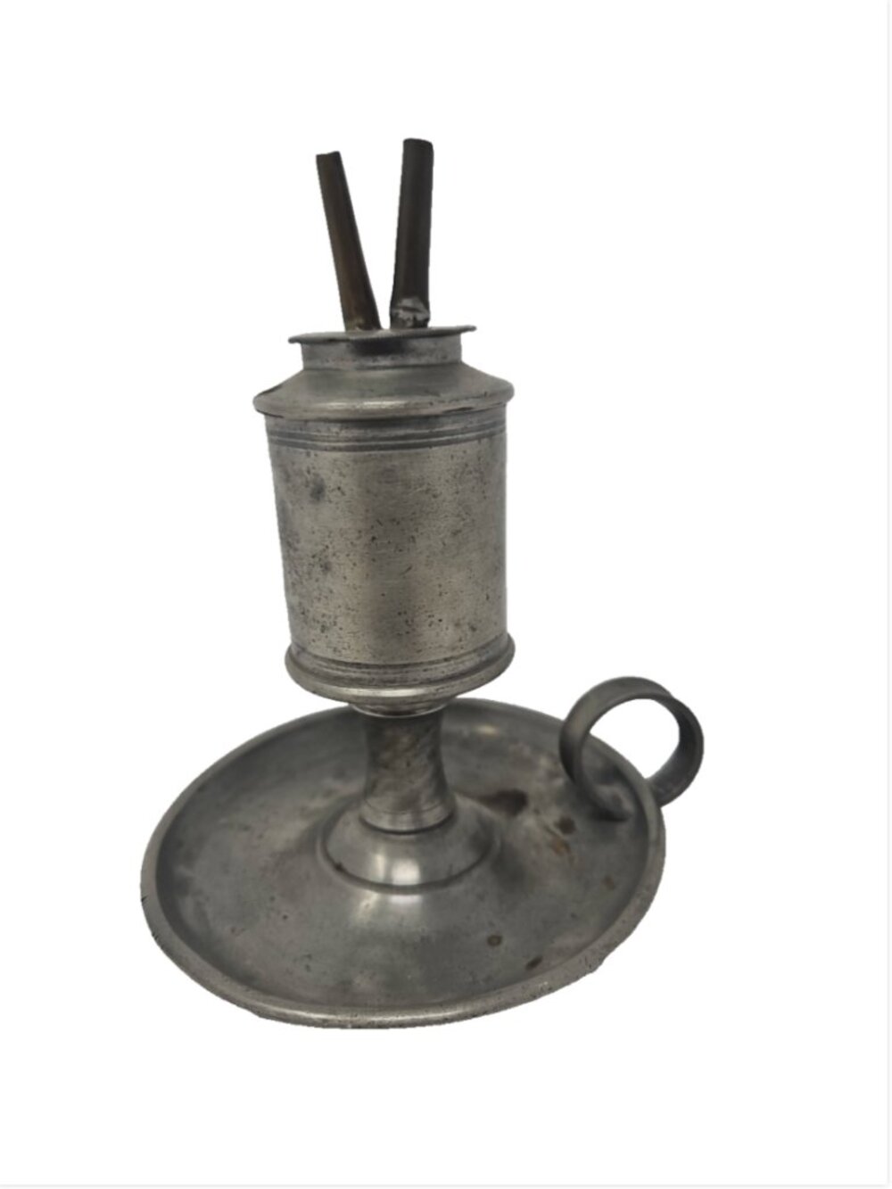 Antique early 19th Century Pewter Whale Oil Saucer Finger Chamber Lamp Rosette